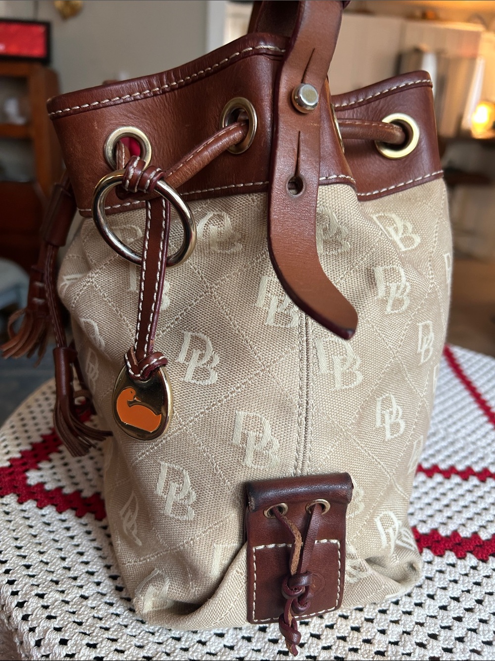 Dooney & Bourke Tan and Brown Logo Drawstring Shoulder Bag - Picture 4 of 9
